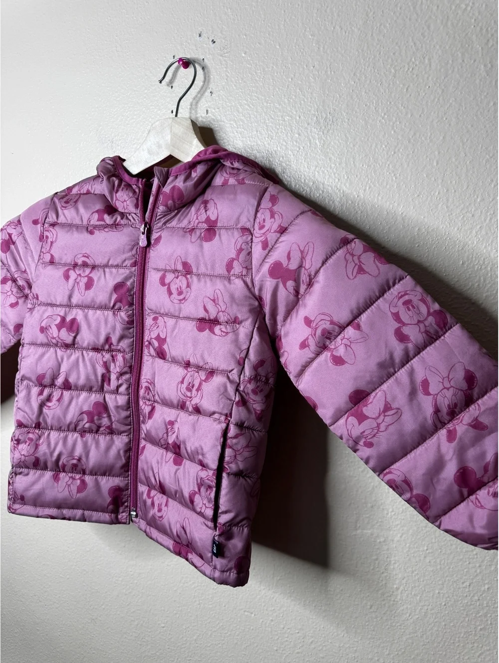 Baby Gap Disney Girls Size 5 Puffer Jacket Pink Minnie Mouse Hooded Full Zip